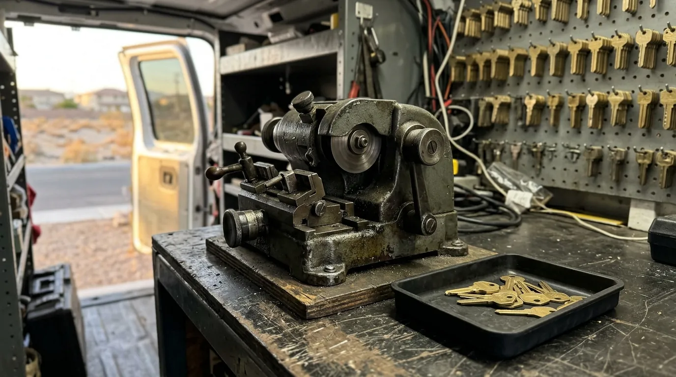 Key cutting machine and key blanks inside a mobile locksmith van serving east Las Vegas