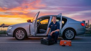 Mobile car locksmith with tool cases beside an unlocked sedan at dusk in Las Vegas