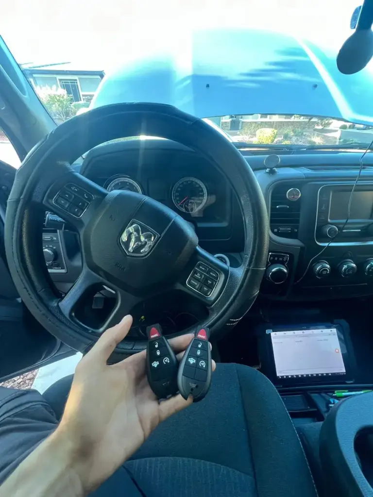 Two programmed Ram truck key fobs from a car key programming job in Las Vegas by 24/7 Locksmith 4U