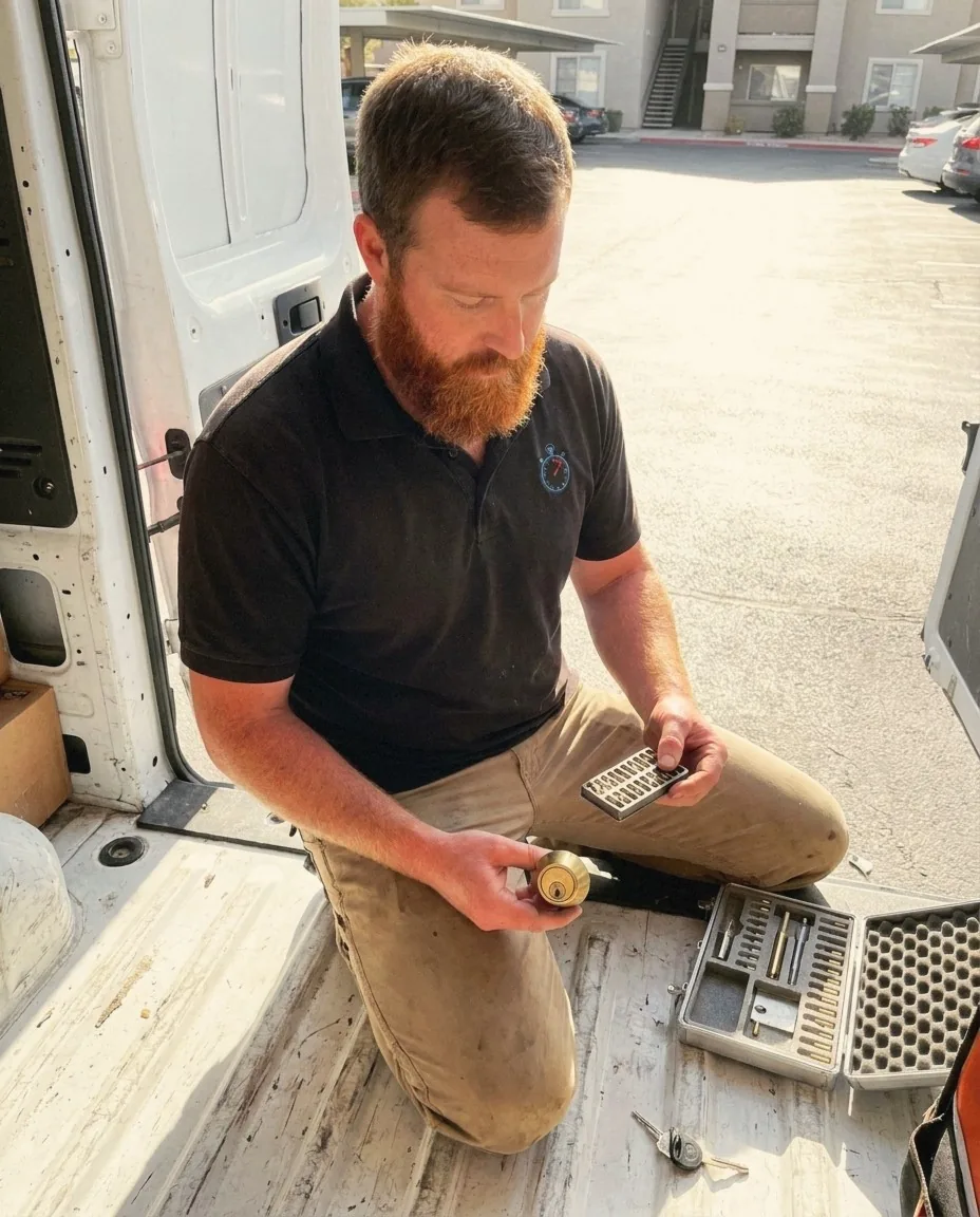 24/7 Locksmith 4U LV technician repinning an apartment deadbolt cylinder at the van in a Las Vegas apartment complex