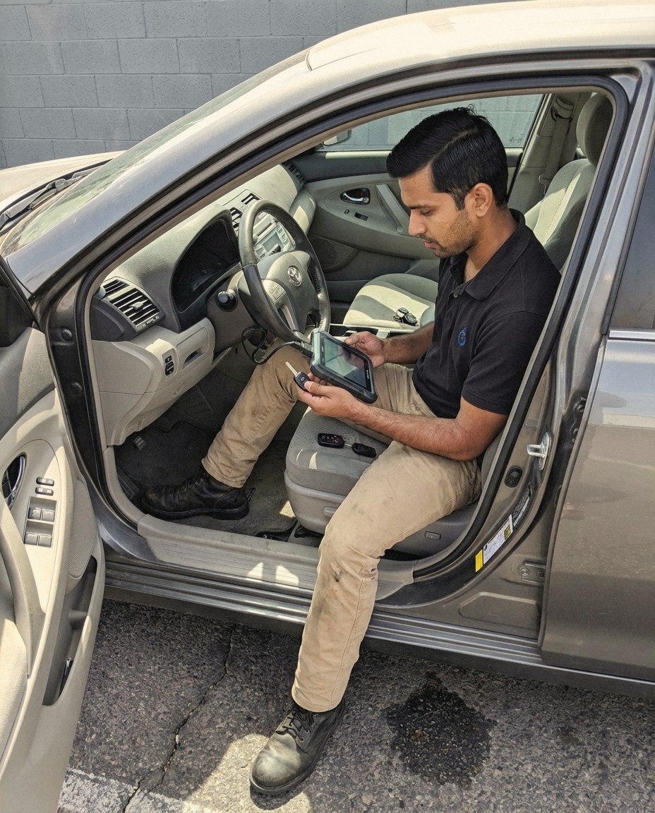 24/7 Locksmith 4U LV technician programming a chip key through the OBD port of a sedan in a Las Vegas parking lot