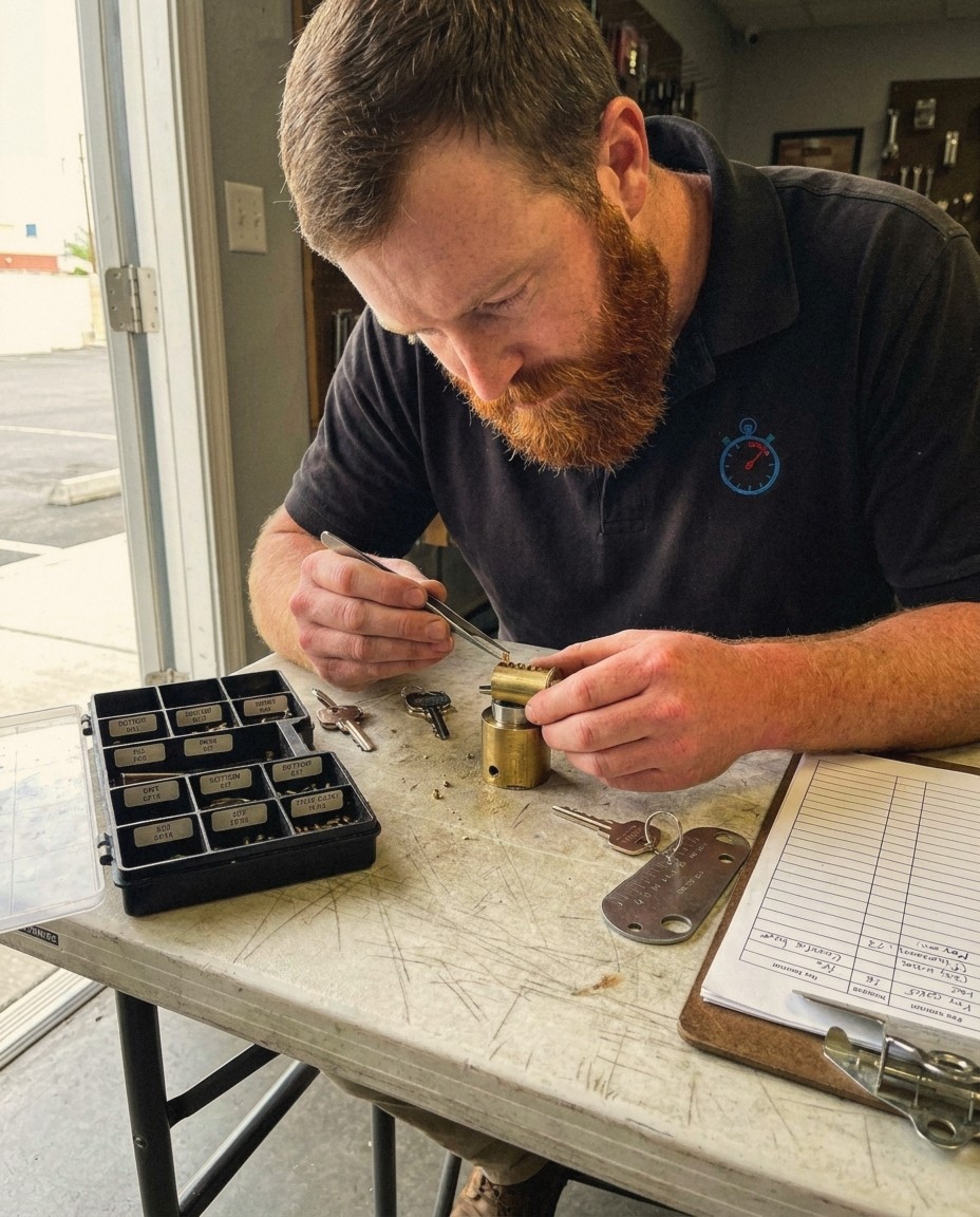 24/7 Locksmith 4U LV technician rekeying a commercial cylinder with a pinning kit beside a key control log in Las Vegas