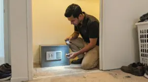 24/7 Locksmith 4U LV technician checking the keypad battery on a locked home safe in a Las Vegas condo closet