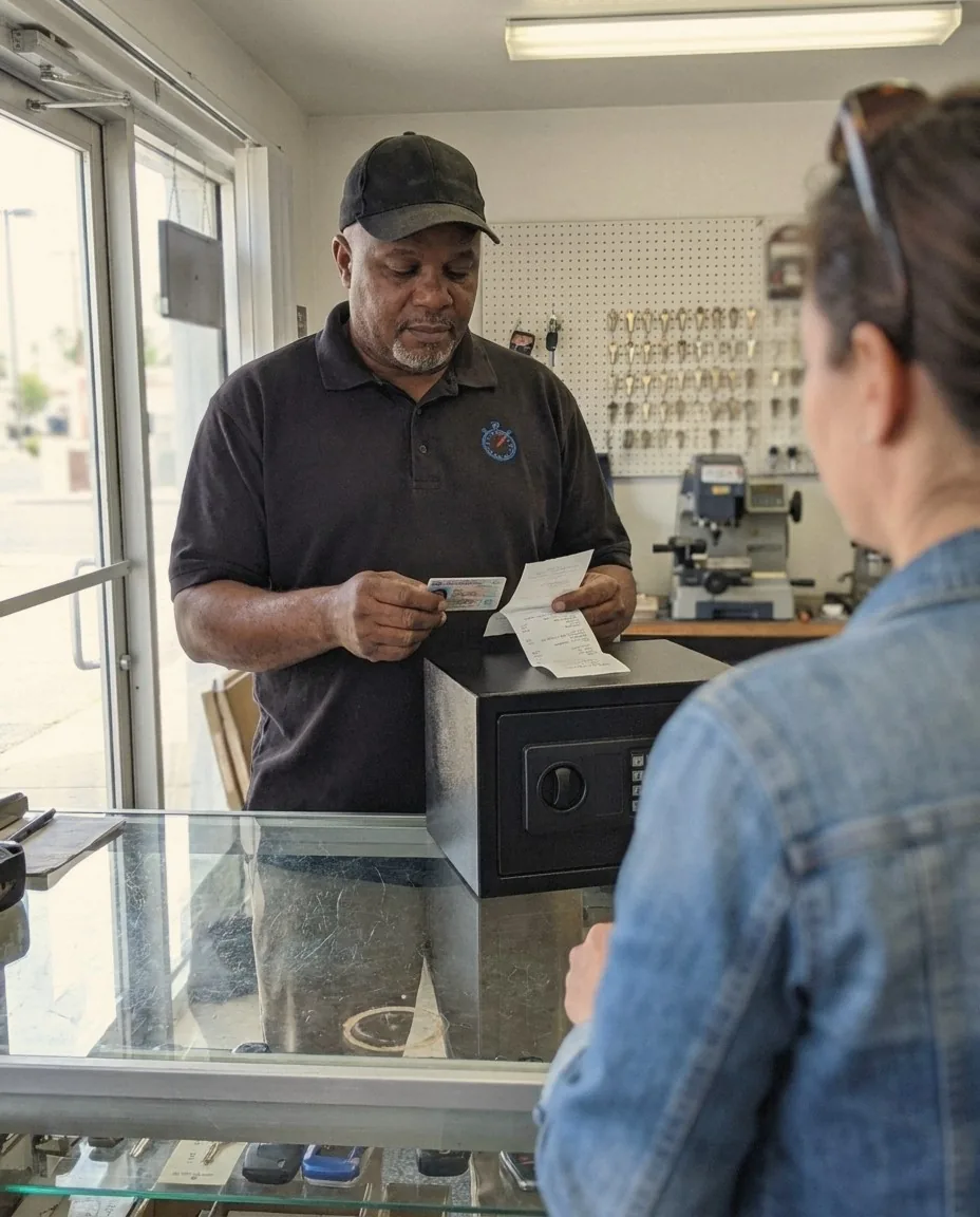 24/7 Locksmith 4U LV technician checking a customer's photo ID and receipt next to a small safe at the shop counter on E Flamingo Rd, Las Vegas