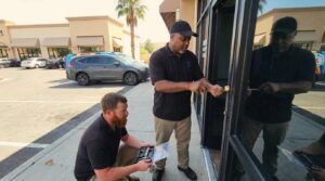 24/7 Locksmith 4U LV technicians rekeying a storefront door lock at an East Las Vegas strip plaza