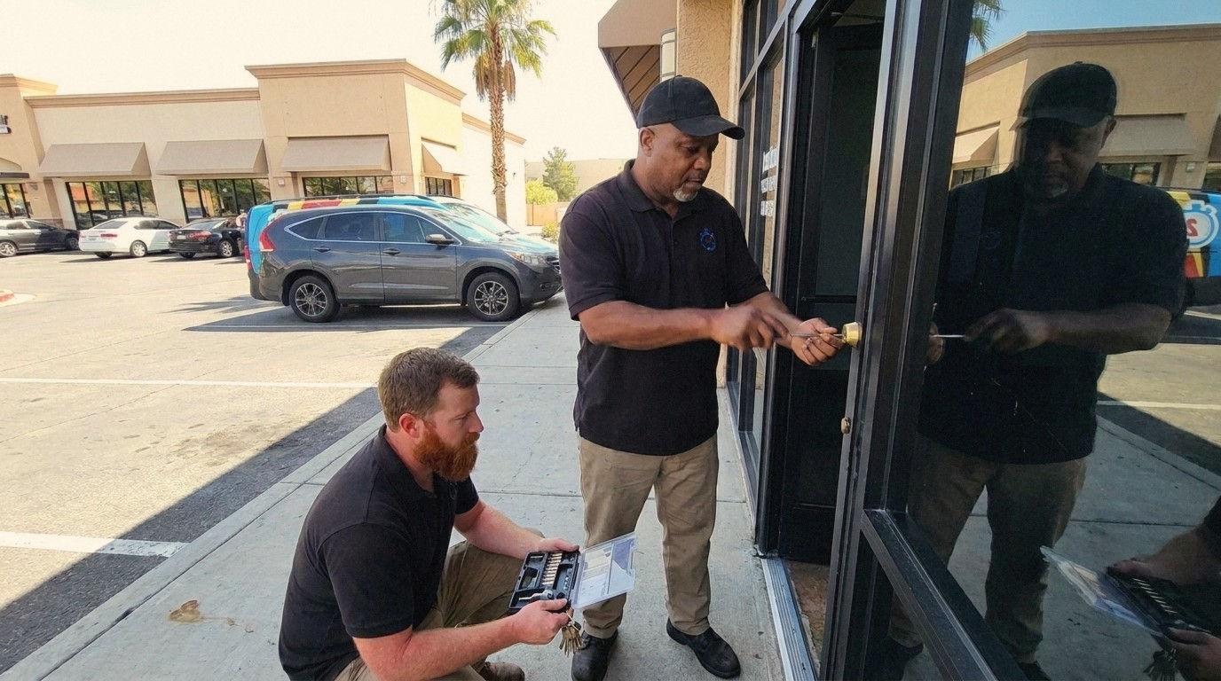 24/7 Locksmith 4U LV technicians rekeying a storefront door lock at an East Las Vegas strip plaza