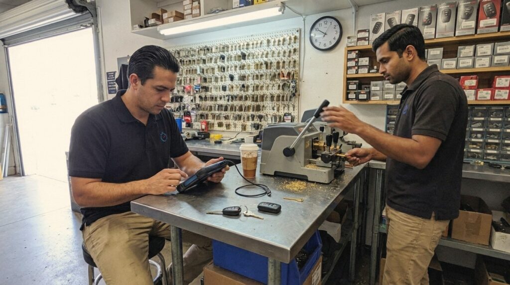 24/7 Locksmith 4U LV technicians programming a transponder key and cutting a blank at the shop bench on E Flamingo Rd in Las Vegas