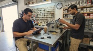 24/7 Locksmith 4U LV technicians programming a transponder key and cutting a blank at the shop bench on E Flamingo Rd in Las Vegas